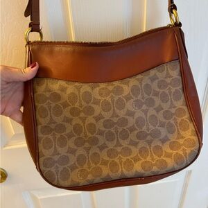 Coach Coated Canvas Signature Logo / Brown Leather Crossbody Bag — Vintage